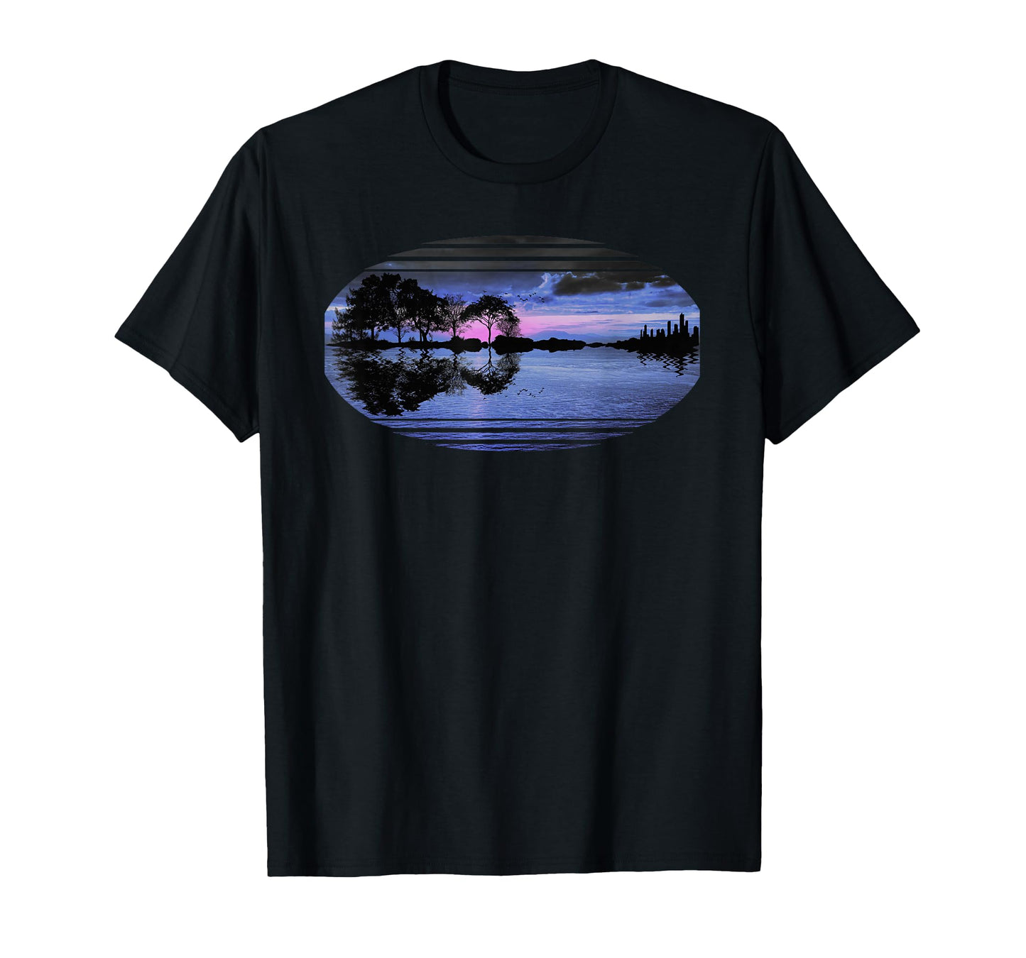 Guitar Sunset Sky Trees City Lake Reflection Stylish Design T-Shirt