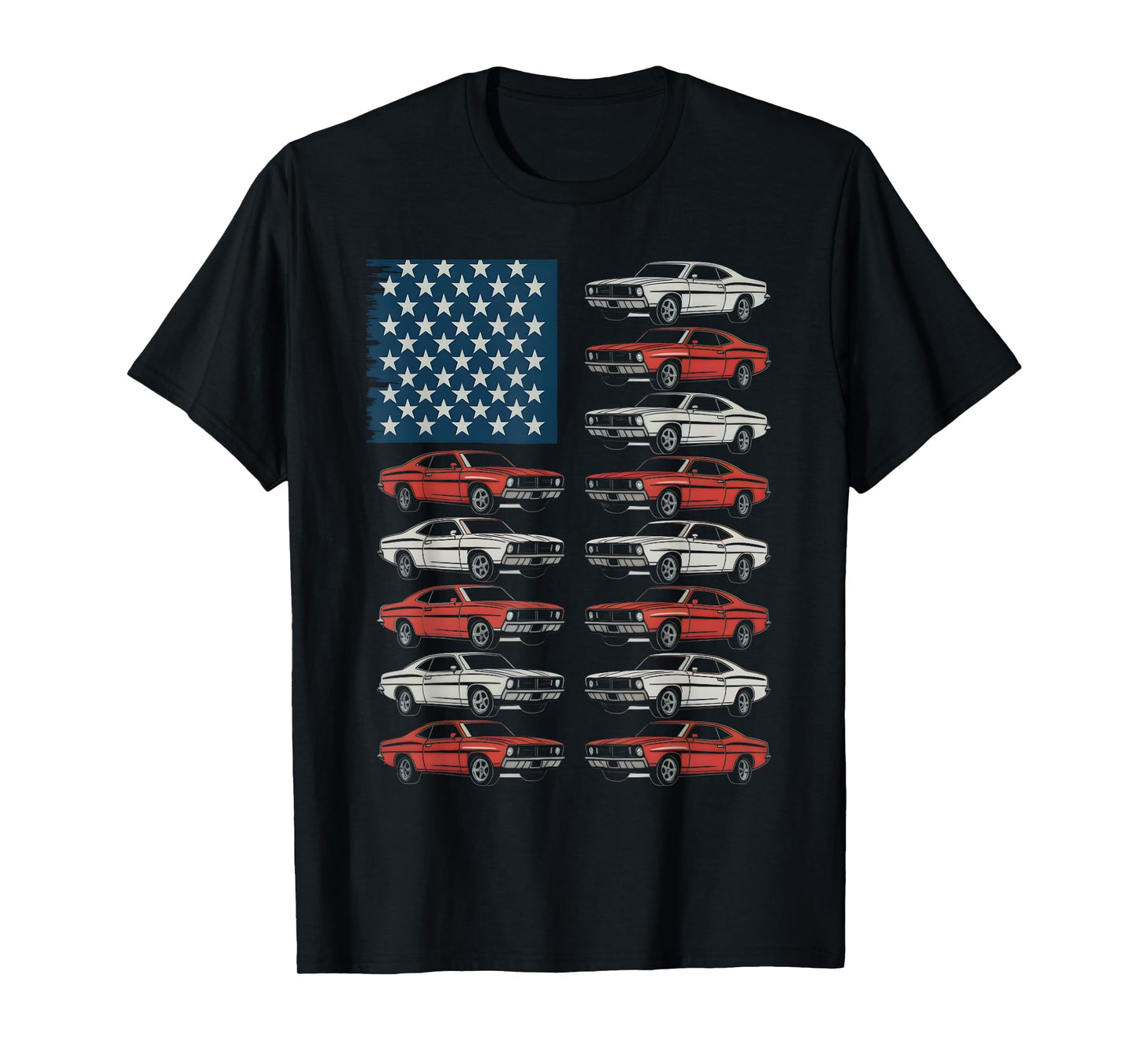 American Flag Classic Muscle Cars Retro Patriotic T-Shirt