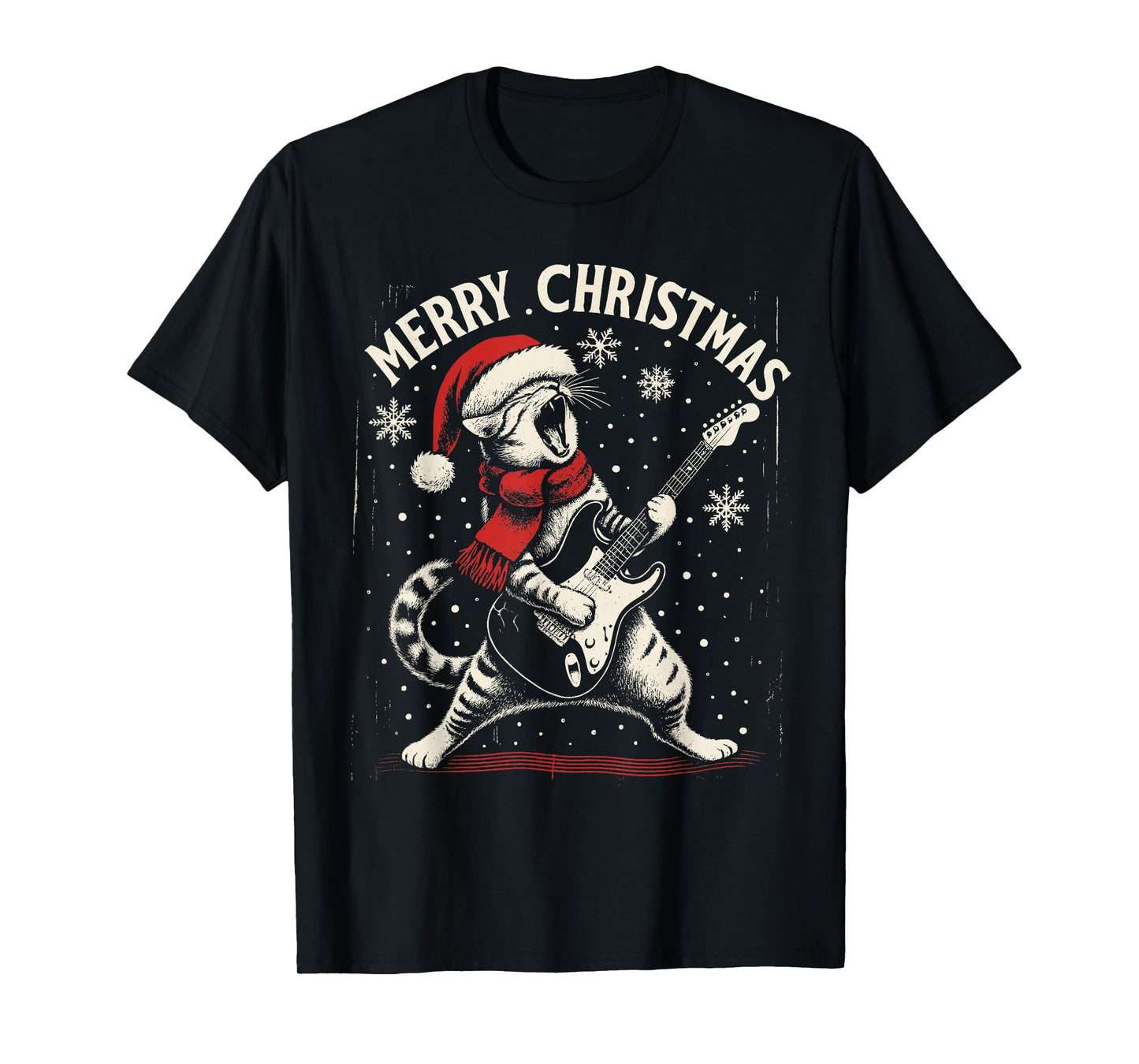 Funny Christmas Rock Cat Playing Guitar Santa Hat Music T-Shirt