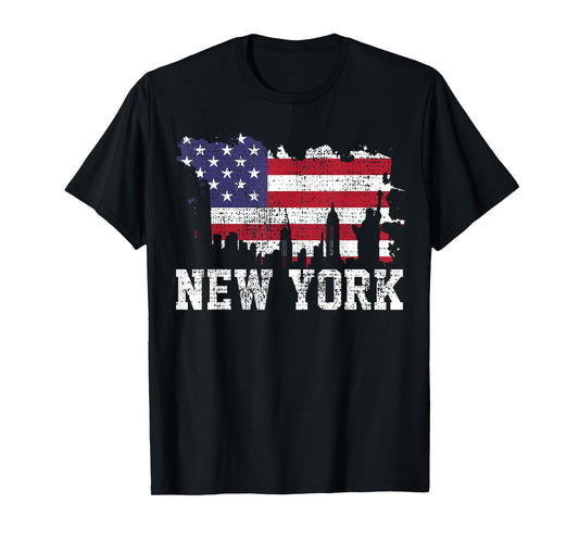 Vintage New York City NYC Skyline USA Flag America Gift T-Shirt