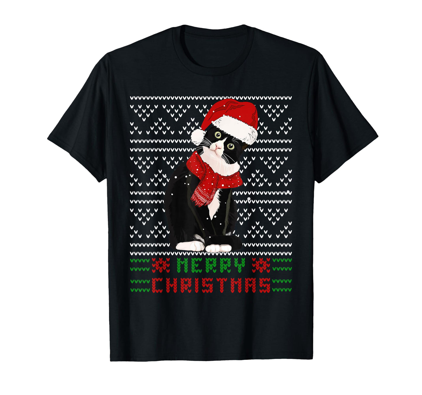 Ugly Christmas Black Cat Santa Hat Scarf Cute Tuxedo Cat Men Women Kids T-Shirt