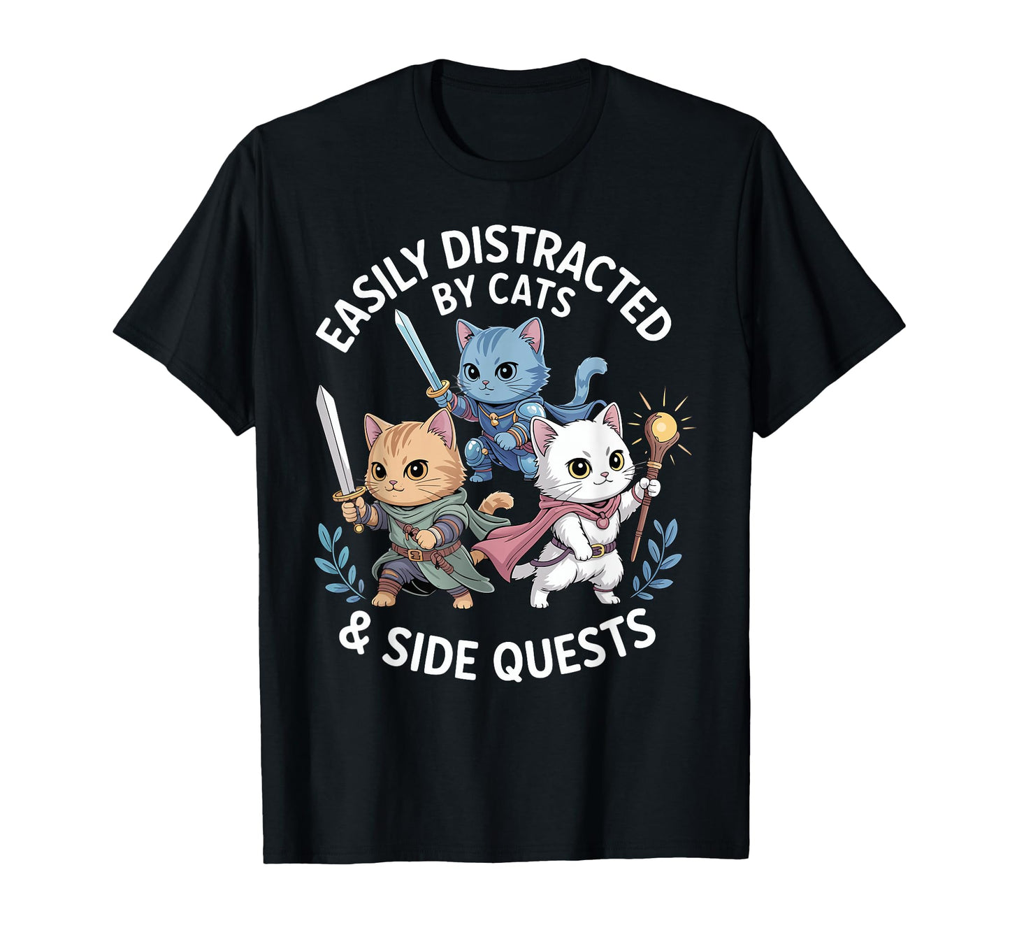 Easily Distracted by Cats & Side Quests Funny Cat Gamer RPG T-Shirt