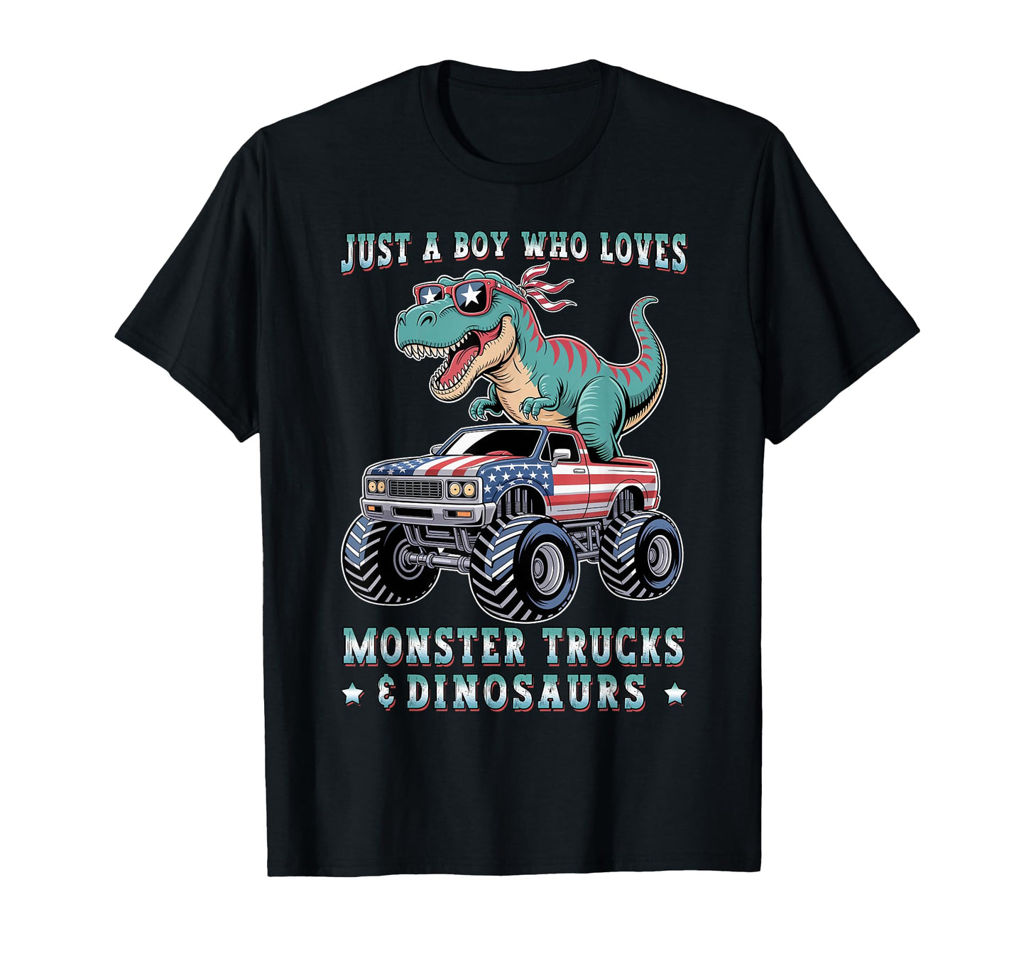 Just A Boy Who Loves Monster Trucks Dinosaurs Trex USA Flag T-Shirt