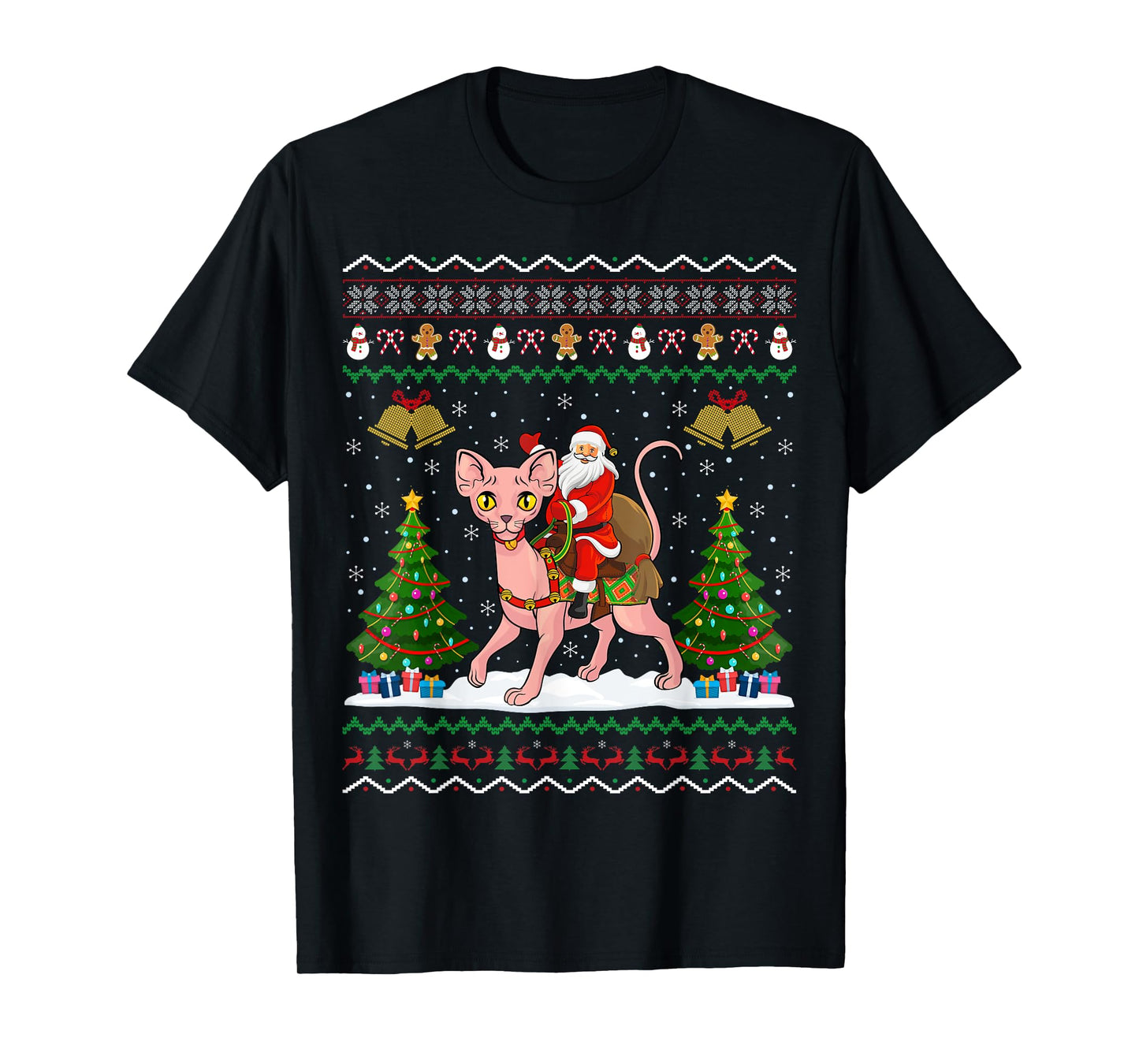 Ugly Sphynx Cat Xmas Gift Santa Riding Sphynx Cat Christmas T-Shirt for Men Women Kids