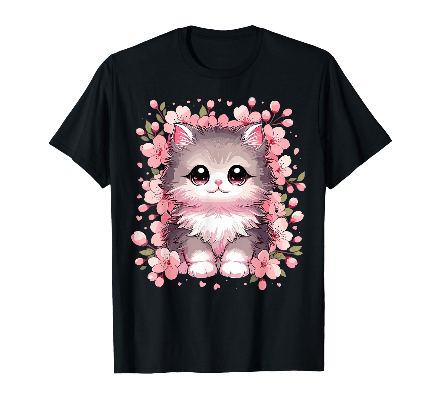 Cute Kawaii Cat With Cherry Blossoms Cat T-Shirt