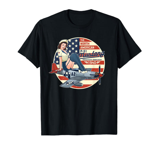 P51 Mustang T Shirt Airplane Shirts for Men WWII Shirt Pinup T-Shirt
