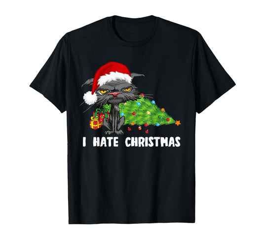 Anti Christmas I Hate Christmas Tree Bored Cat Santa Hat T-Shirt for Men Women Kids