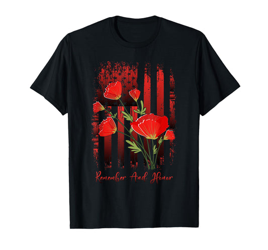 Red Poppy Flower Memorial Day Veterans Day American Flag T-Shirt