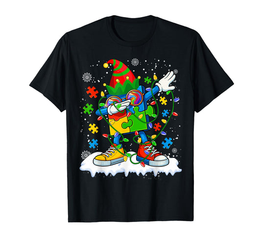 Dabbing Autism Christmas Tree Lights Xmas Men Women Kids T-Shirt