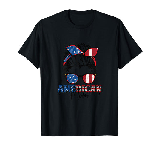 All American Mom 4th Of July Shirt Women Messy Bun USA Flag T-Shirt