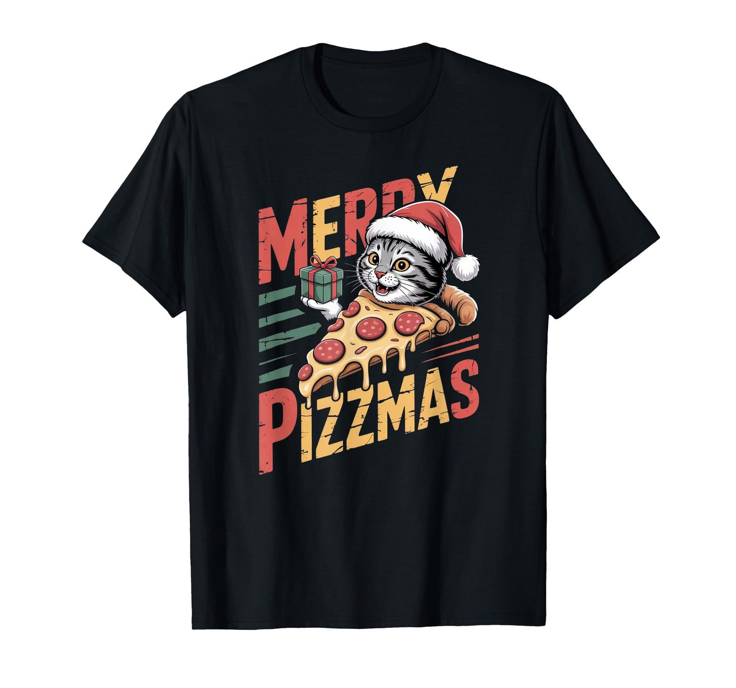 Merry Pizzmas Christmas Cat Funny Pizza Lover Xmas Cat Lover T-Shirt
