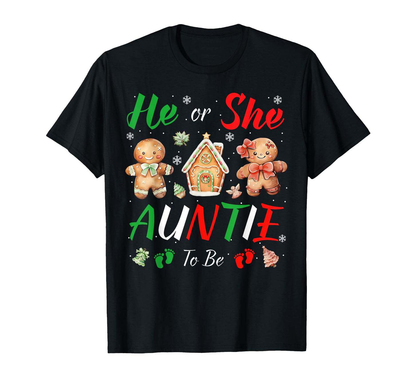 Christmas Gingerbread Gender Reveal He or She Auntie to Be T-Shirt