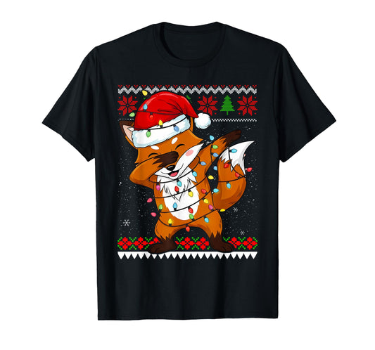 Dabbing Fox Fairy Light Ugly Christmas Sweater Girl Boy T-Shirt