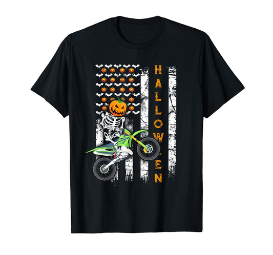 US Flag Skeleton Dirt Bike Halloween Motocross Biker T-Shirt