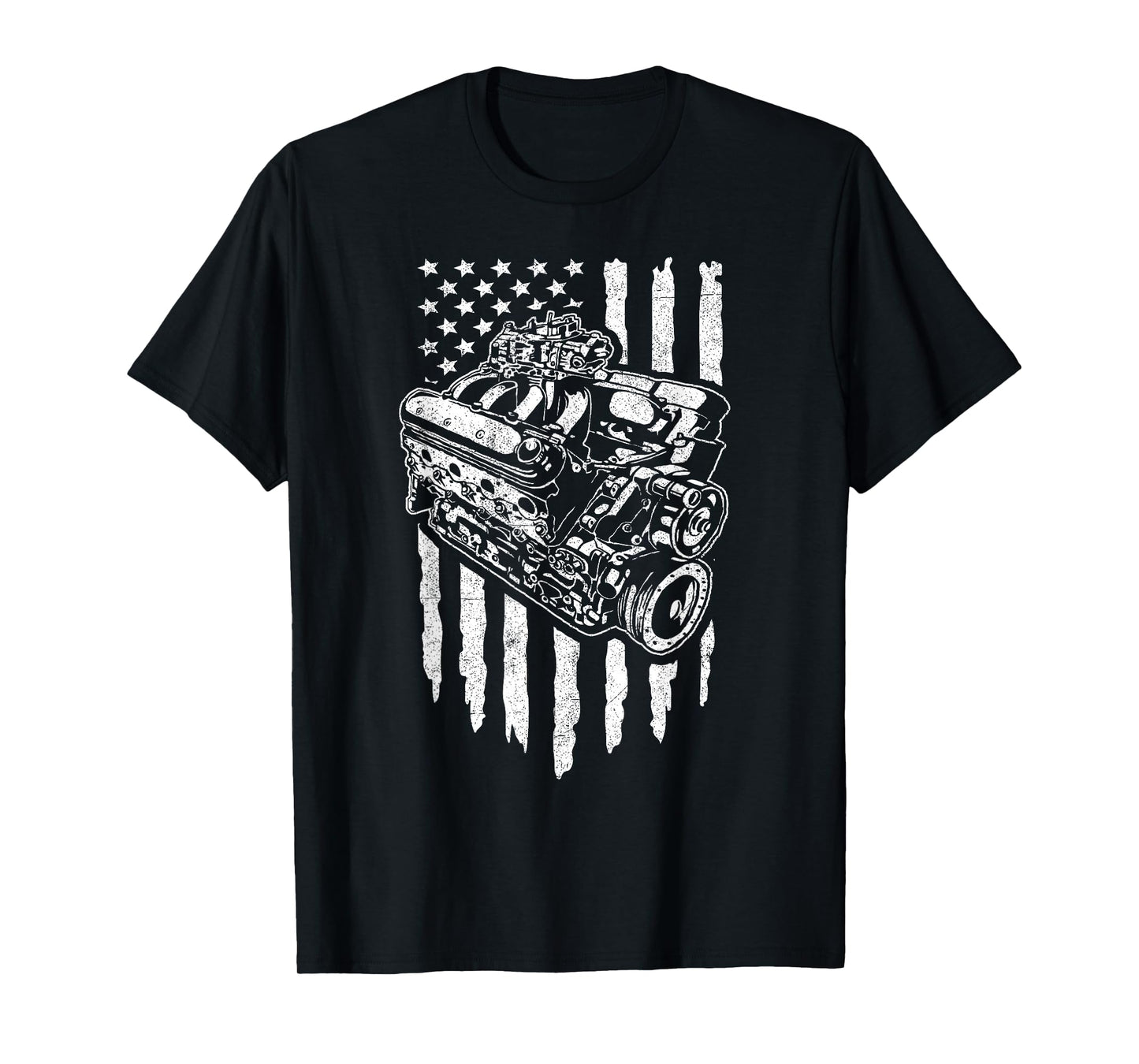 American Flag Muscle Car Motor Hot Rod Engine Racing T-Shirt