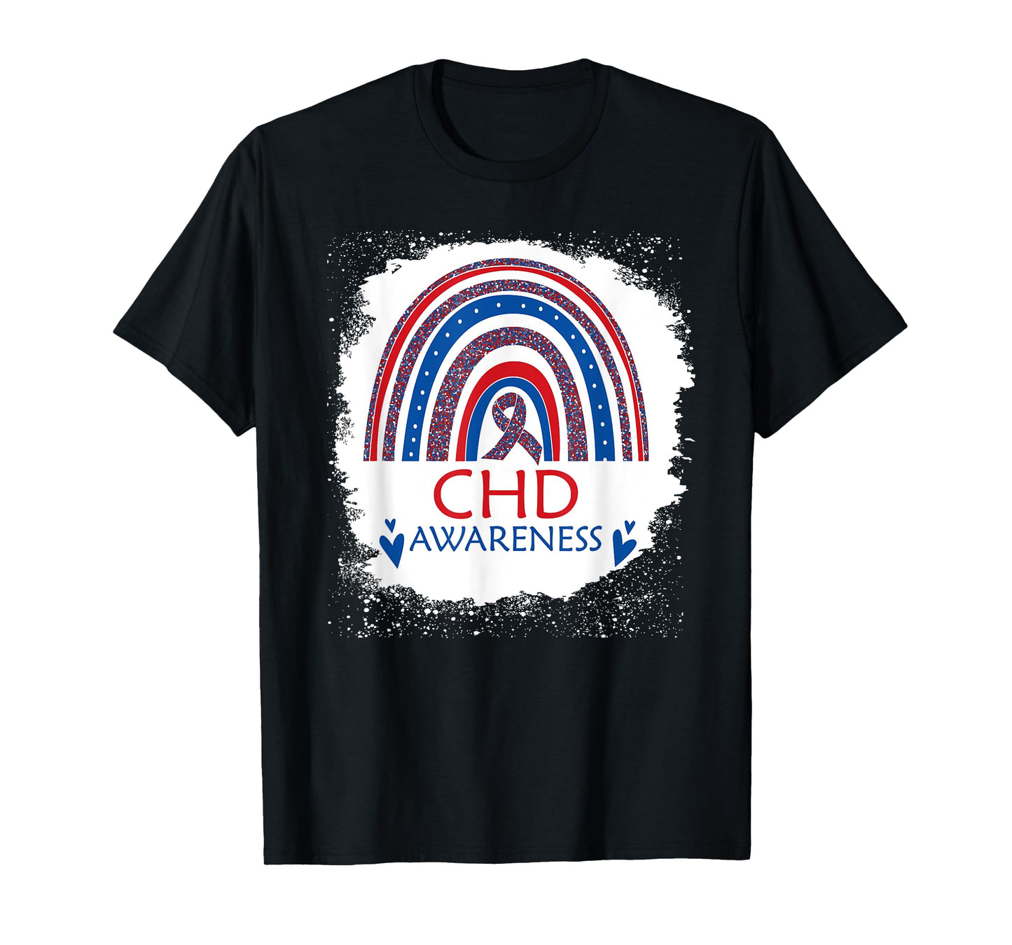 CHD Awareness Heart Disease Bleached Rainbow Blue Red Ribbon T-Shirt