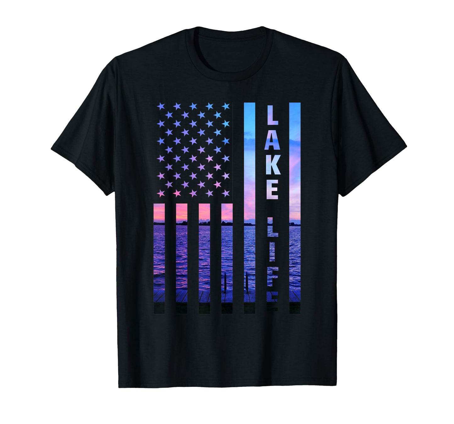Lake Life American Flag Dock Sunset Wakeboarder Power Boat T-Shirt