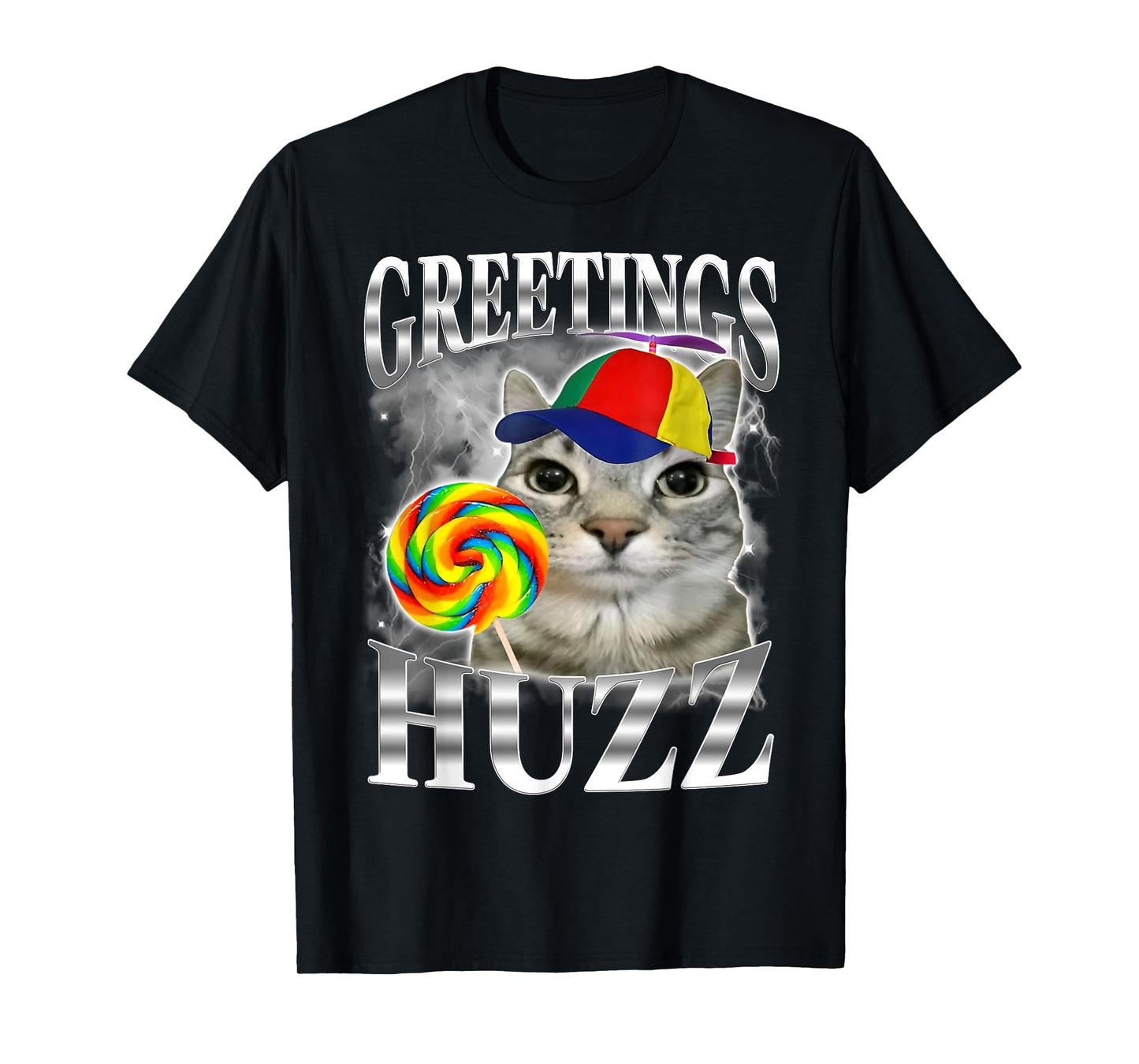 Lollipop Cat Meme Greetings Huzz Funny Silly Cat Humor Men Women T-Shirt
