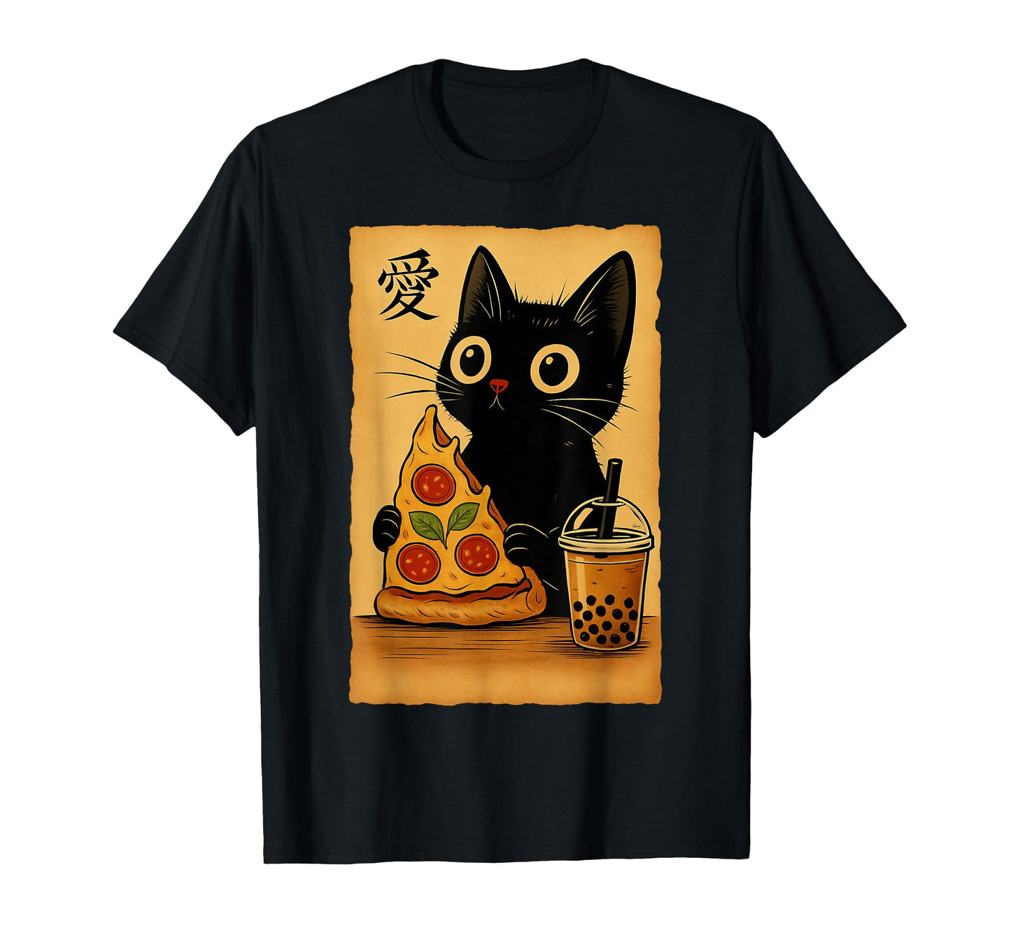 Japanese Kawaii Anime Cat Pizza Booba Tea Cat Eating Pizza T-Shirt