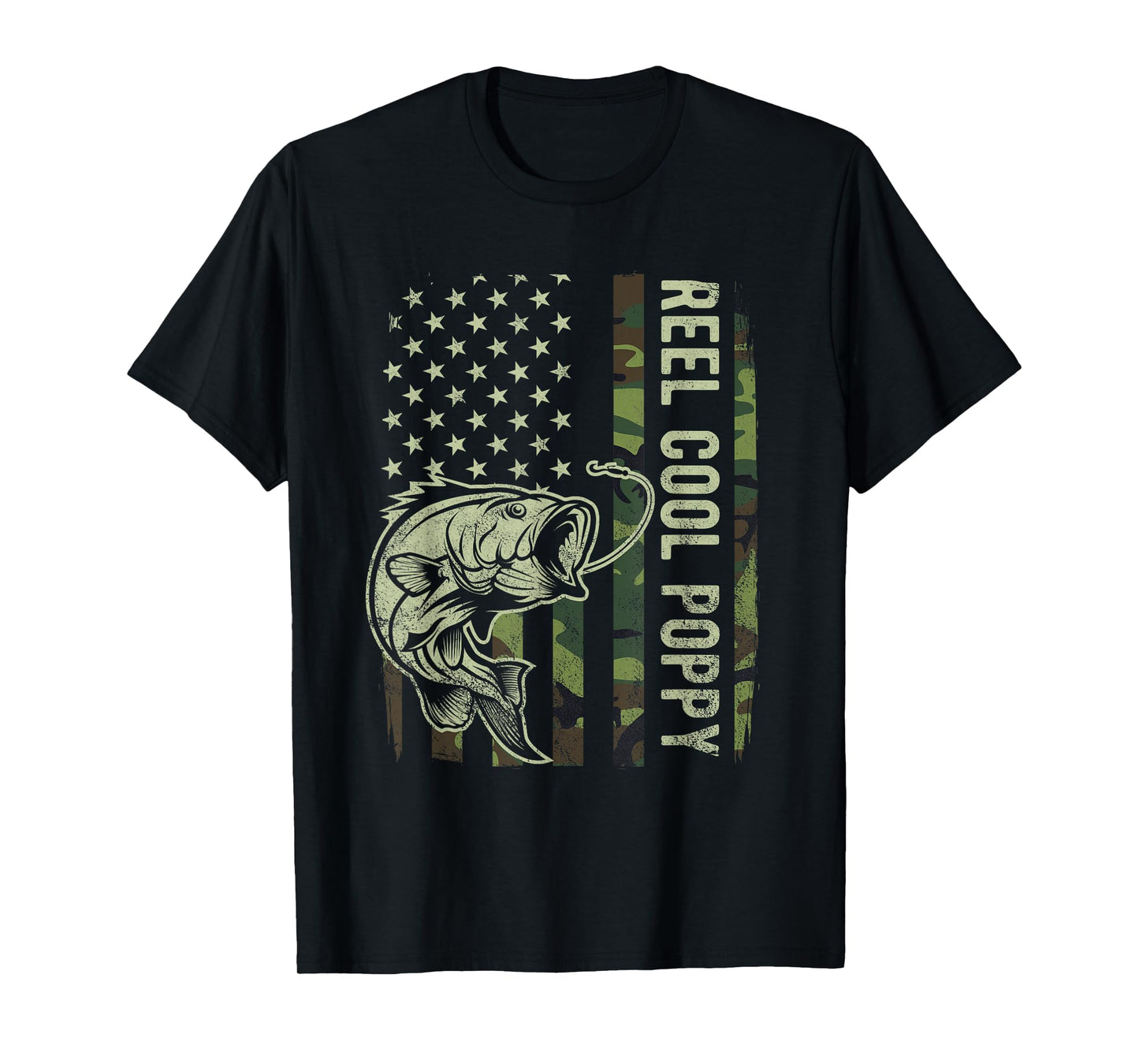 Reel Cool Poppy Camouflage American Flag Fathers Day T-Shirt