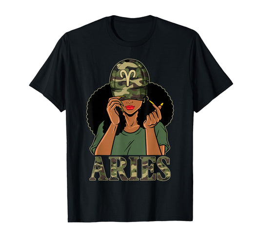 Aries Girl Black Woman With Cap Camo Afro Woman Zodiac T-Shirt