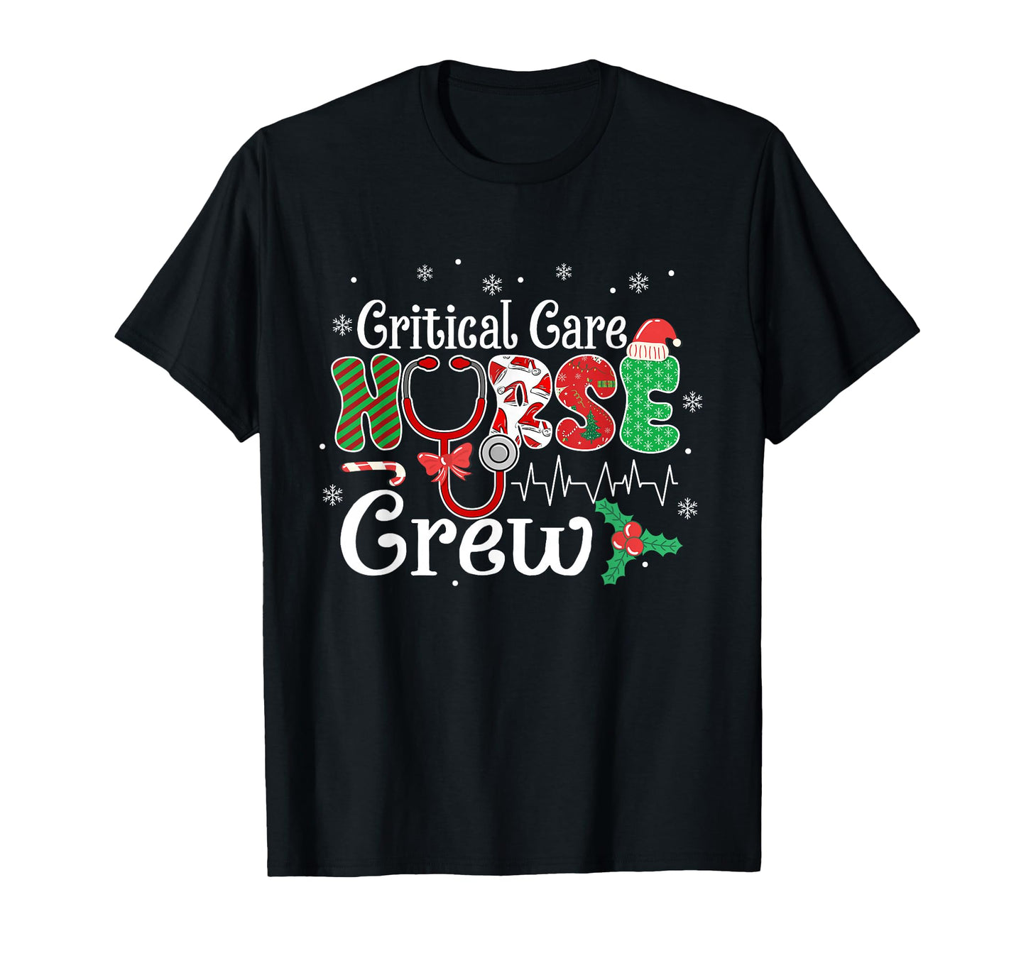 Critical Care Nurse Crew Stethoscope Santa Hat Christmas T-Shirt