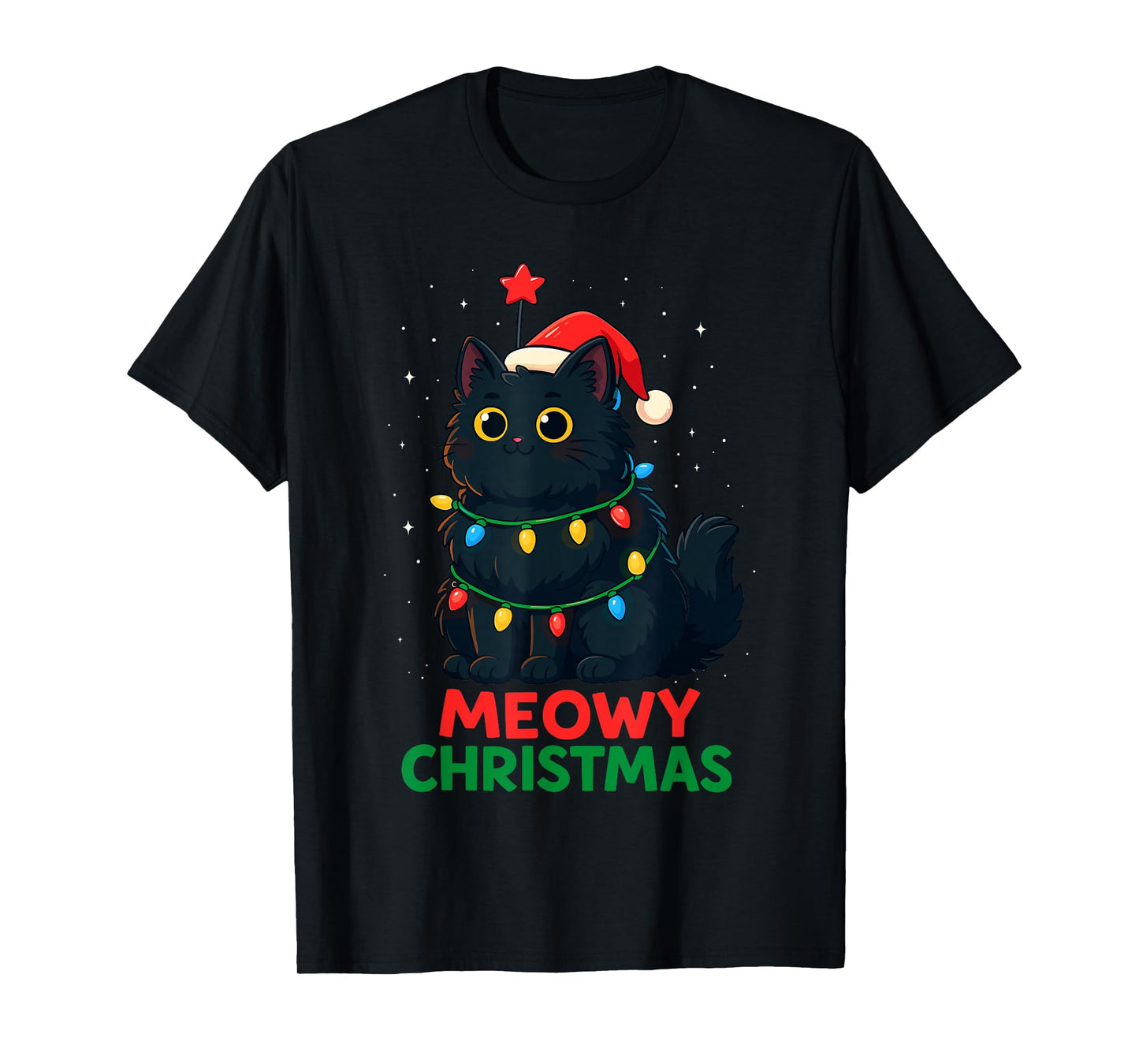 Black Cat Christmas Tree Lights Shirt, Cat Meowy Christmas T-Shirt