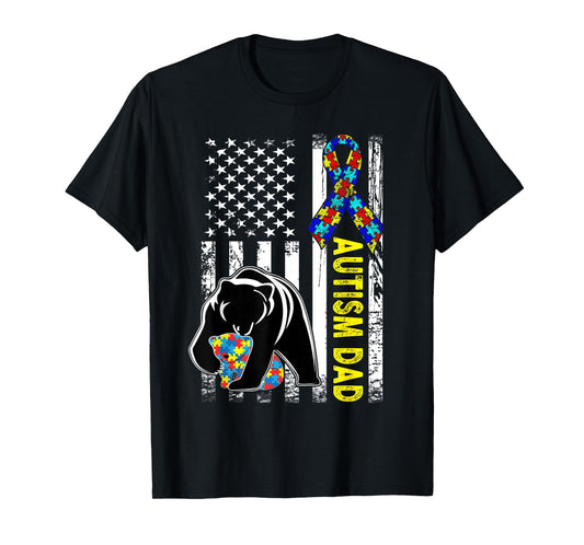 Dad Autism Awareness American Flag Fathers Day for Men Daddy T-Shirt Small
