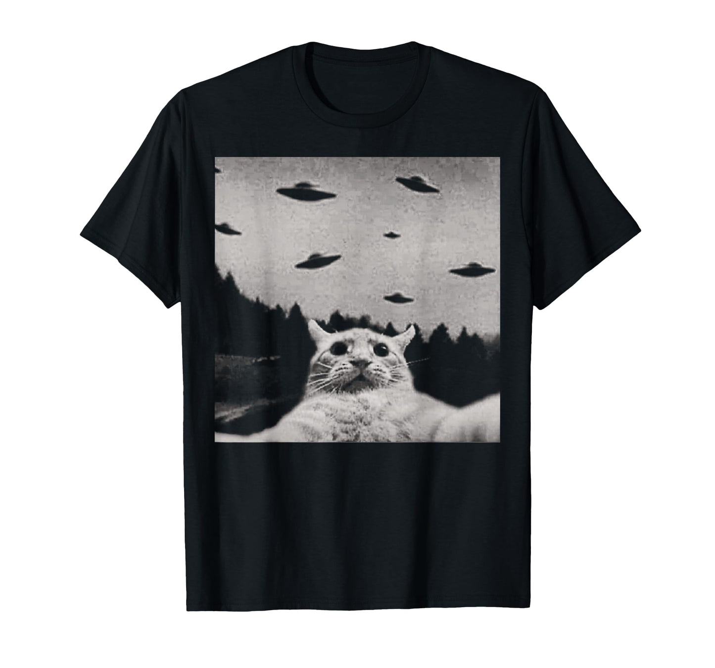 ThreadWeird Alien Cat UFO T-Shirt - Classic Fit, Round Neck, Black, Adult