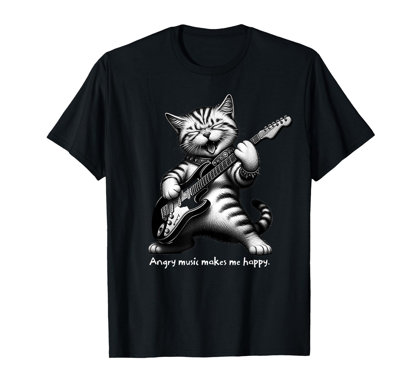 Cat Playing Electric Guitar Angry Music Makes Me Happy T-Shirt for Men Women Girls Kids