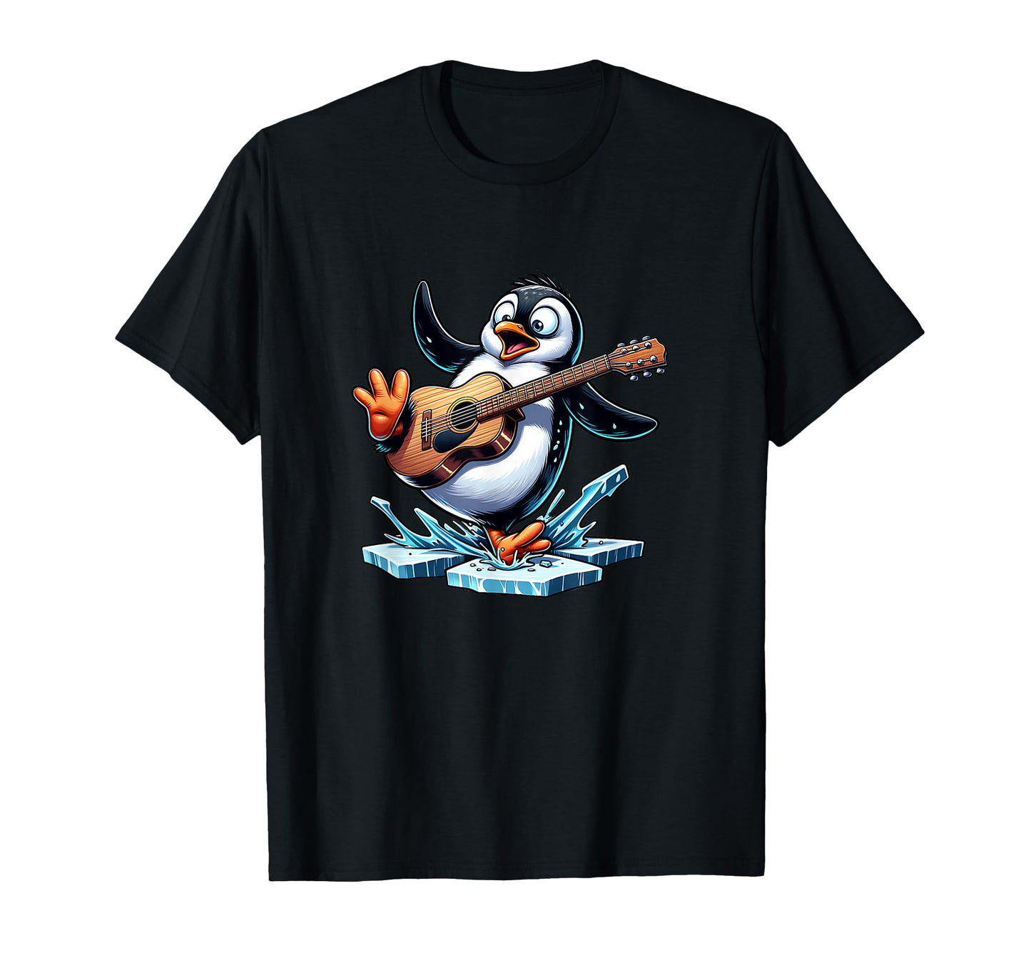 Funny Penguin Playing Guitar On Ice Splash T-Shirt