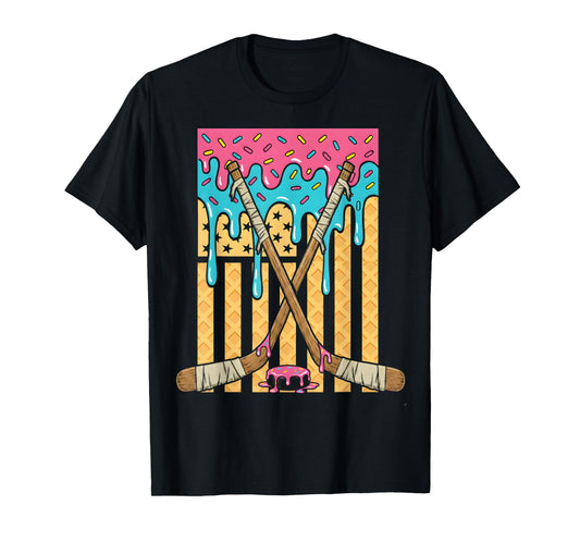Ice Hockey Ice Cream Drip Boys American Flag Youth Players T-Shirt