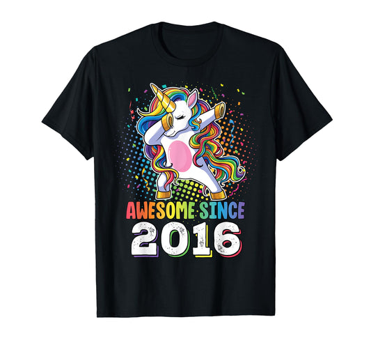 Awesome Since 2016 Girls Boys Dabbing Unicorn Birthday T-Shirt