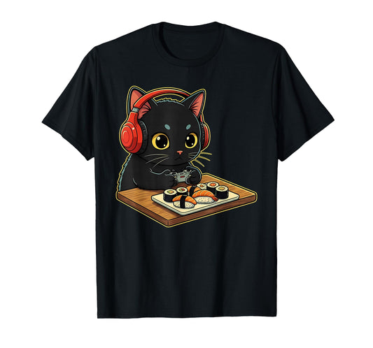 Cute Kawaii Black Cat Funny Sushi Retro Japanese Cat Gaming T-Shirt