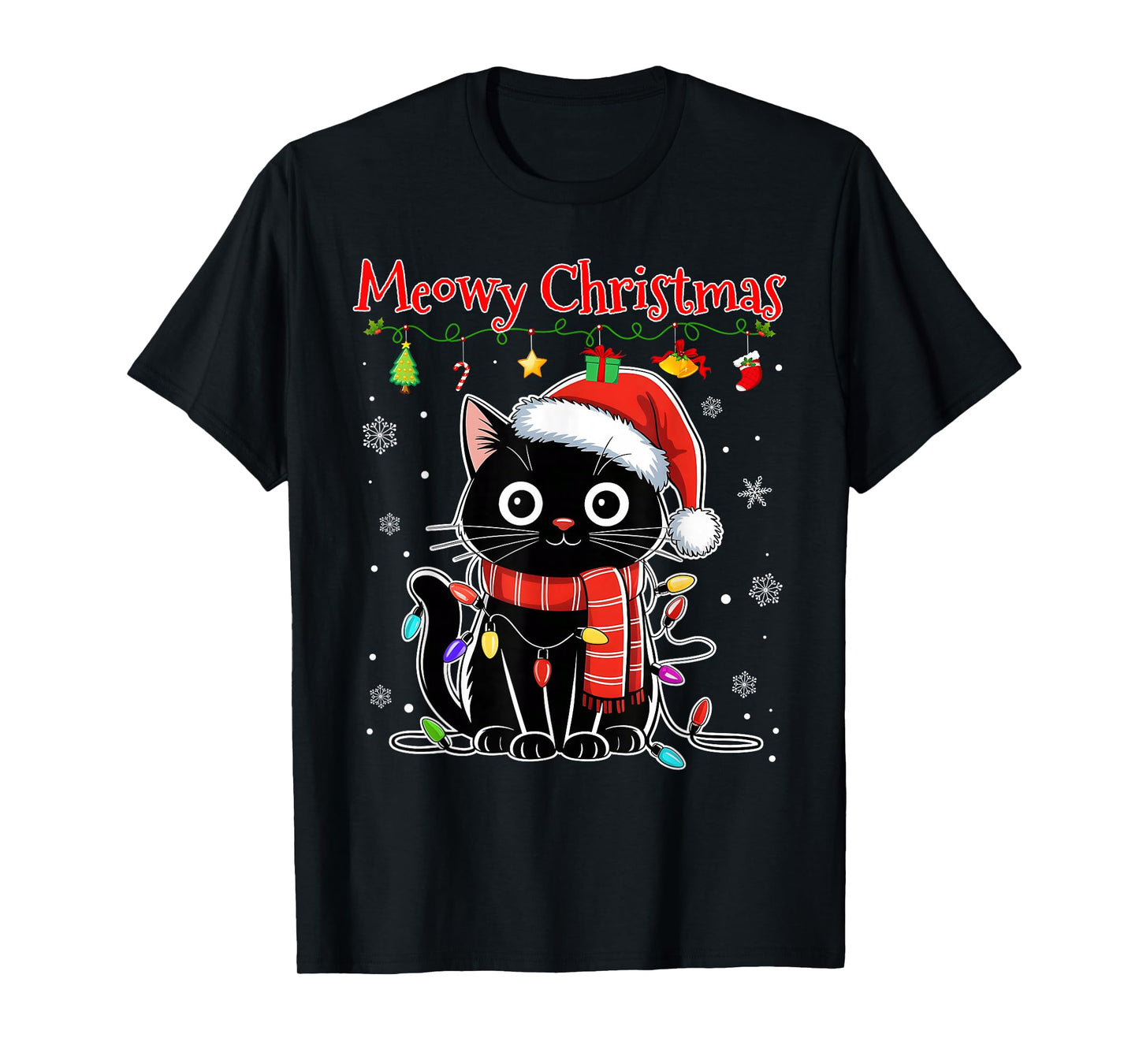 Funny Meowy Christmas Black Cat Xmas Lights Pajamas Family T-Shirt