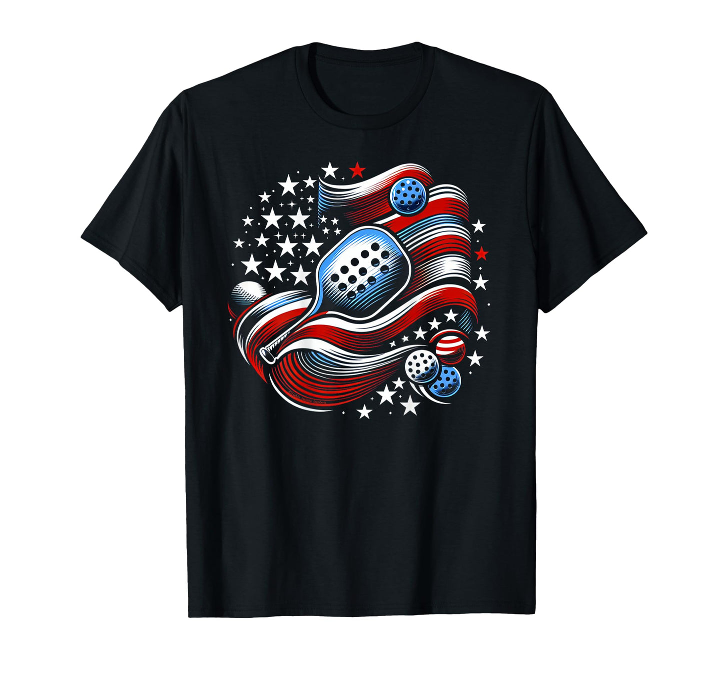 Design on Back Patriotic Stars Stripes USA Flag Pickleball T-Shirt