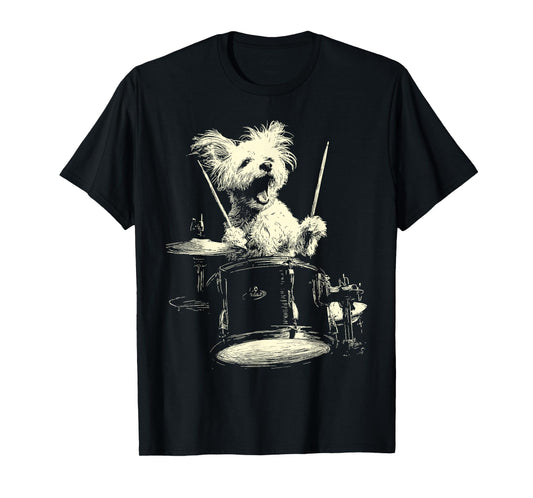 Cute Maltese Playing Drums Funny Music Dog Drummer Graphic T-Shirt