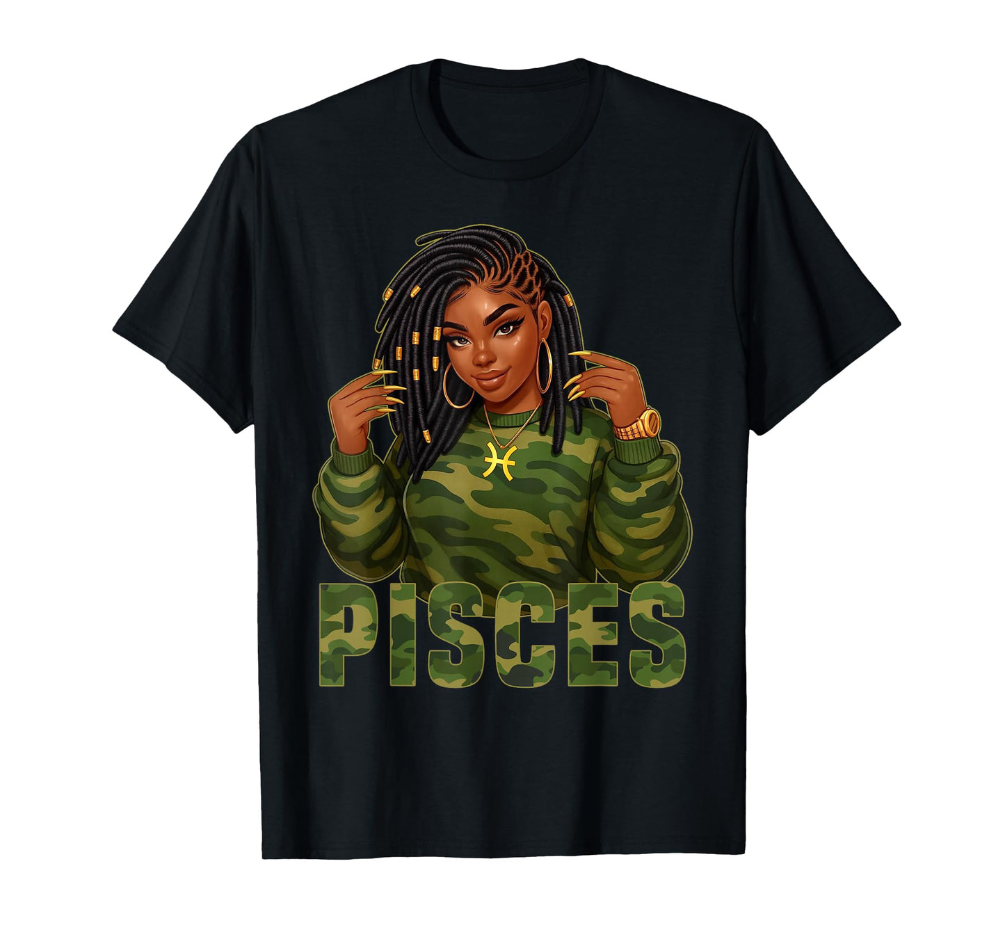 Pisces Queen Loc'd Black Woman Camo Zodiac Sign T-Shirt