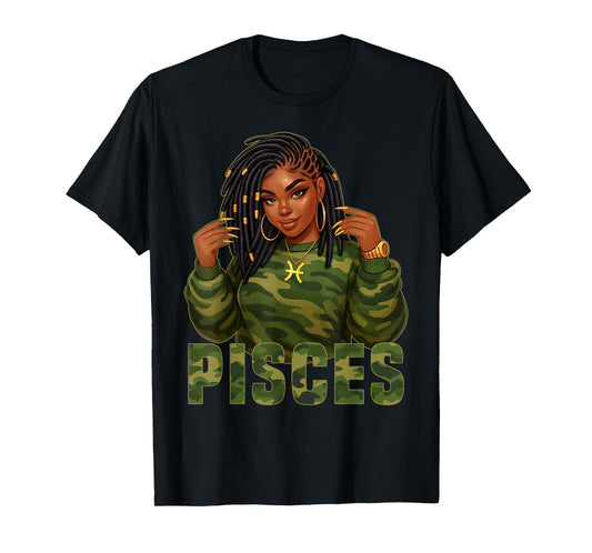 Pisces Queen Loc'd Black Woman Camo Zodiac Sign T-Shirt