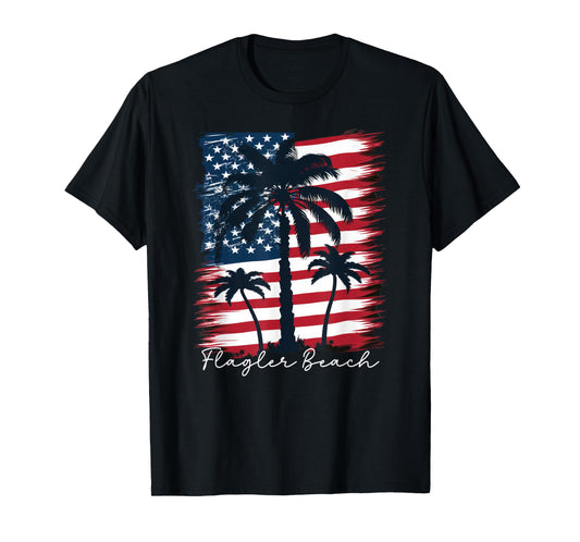 Flagler Beach - Patriotic American Flag Palm Trees T-Shirt