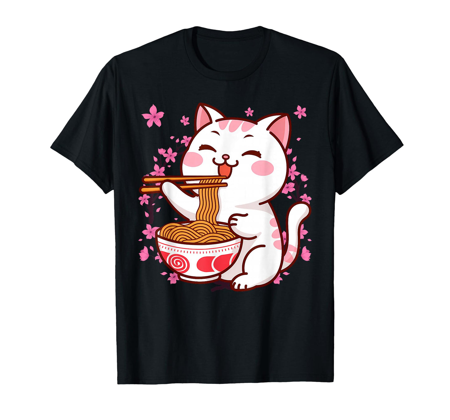 Pink Kawaii Cat Ramen Noodles Anime Japanese Cherry Blossom T-Shirt