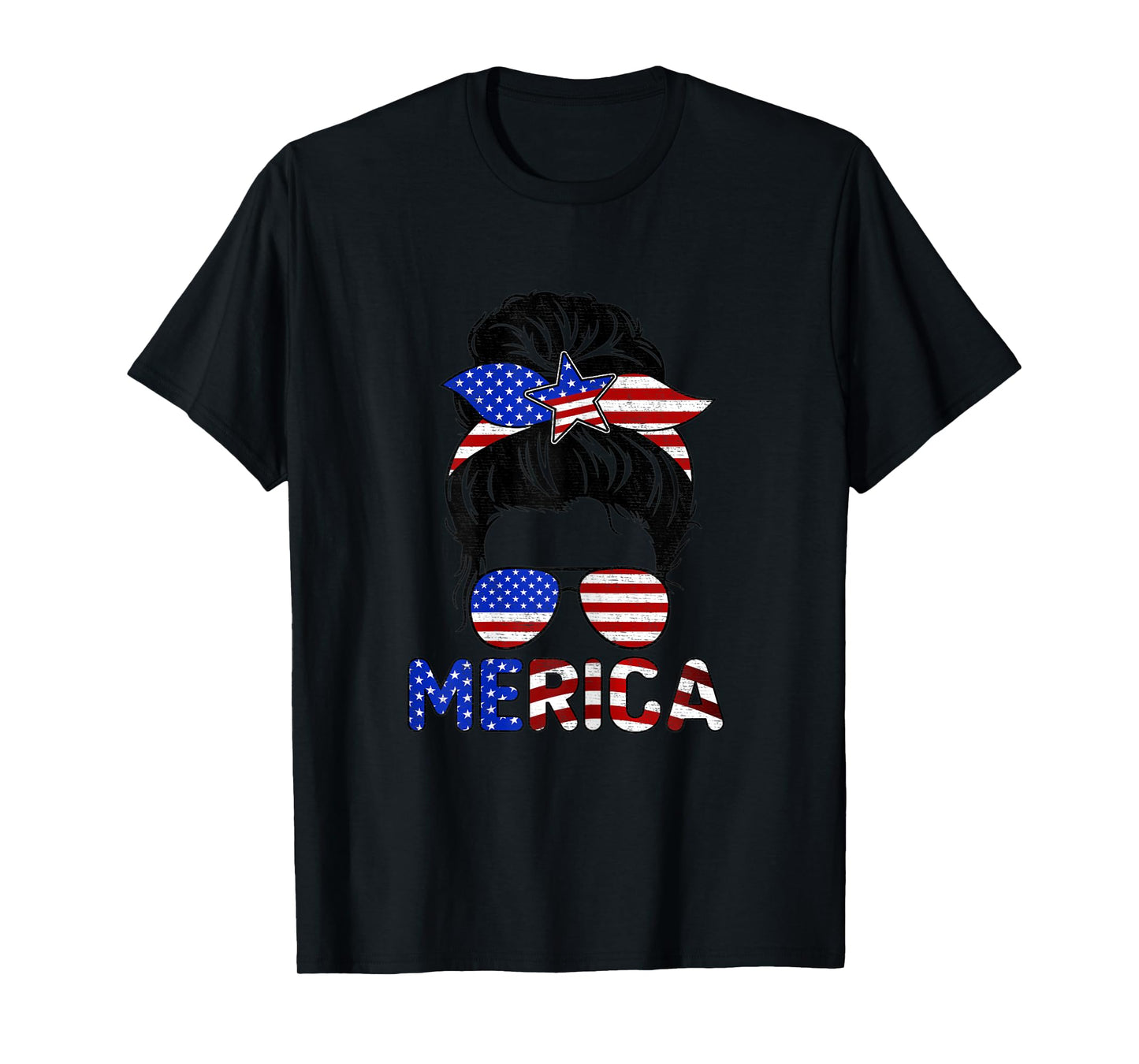 Womens Messy Bun Merica Sunglasses Women Girls USA Flag 4th of July T-Shirt