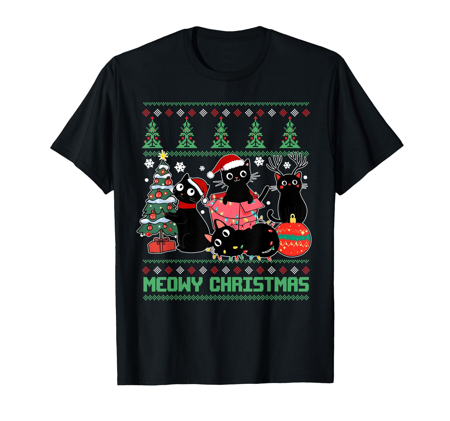 Meowy Christmas Black Cats Play Christmas Tree Ugly Pajama T-Shirt