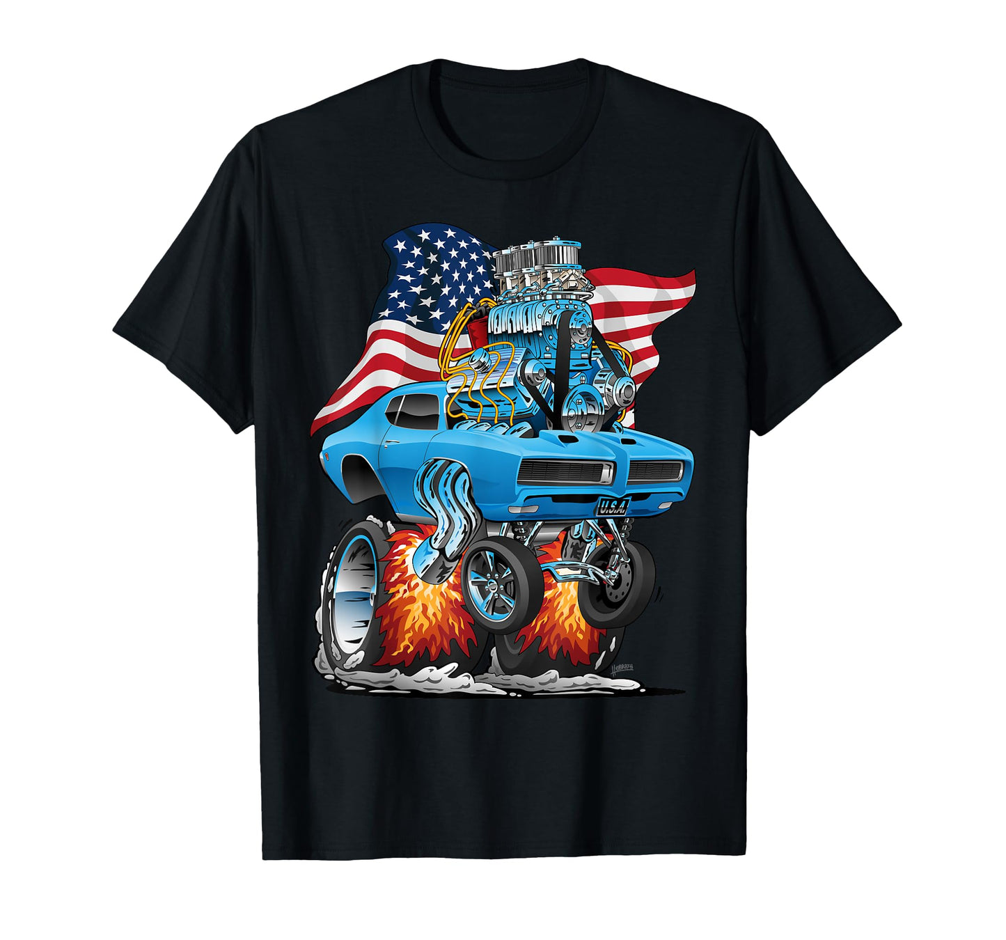 Patriotic 60s Muscle Car Funny Dragster USA Hotrod Cartoon T-Shirt