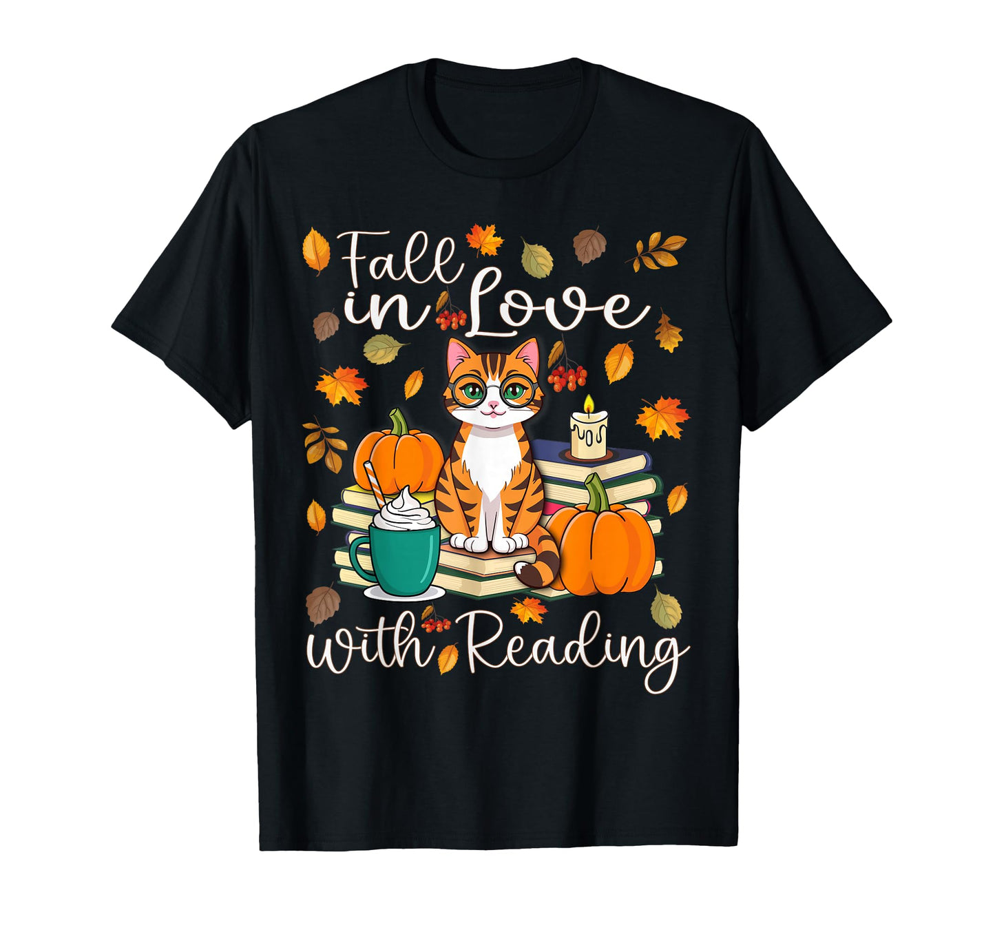 Cat Fall In Love With Reading Book Lover Autumn T-Shirt
