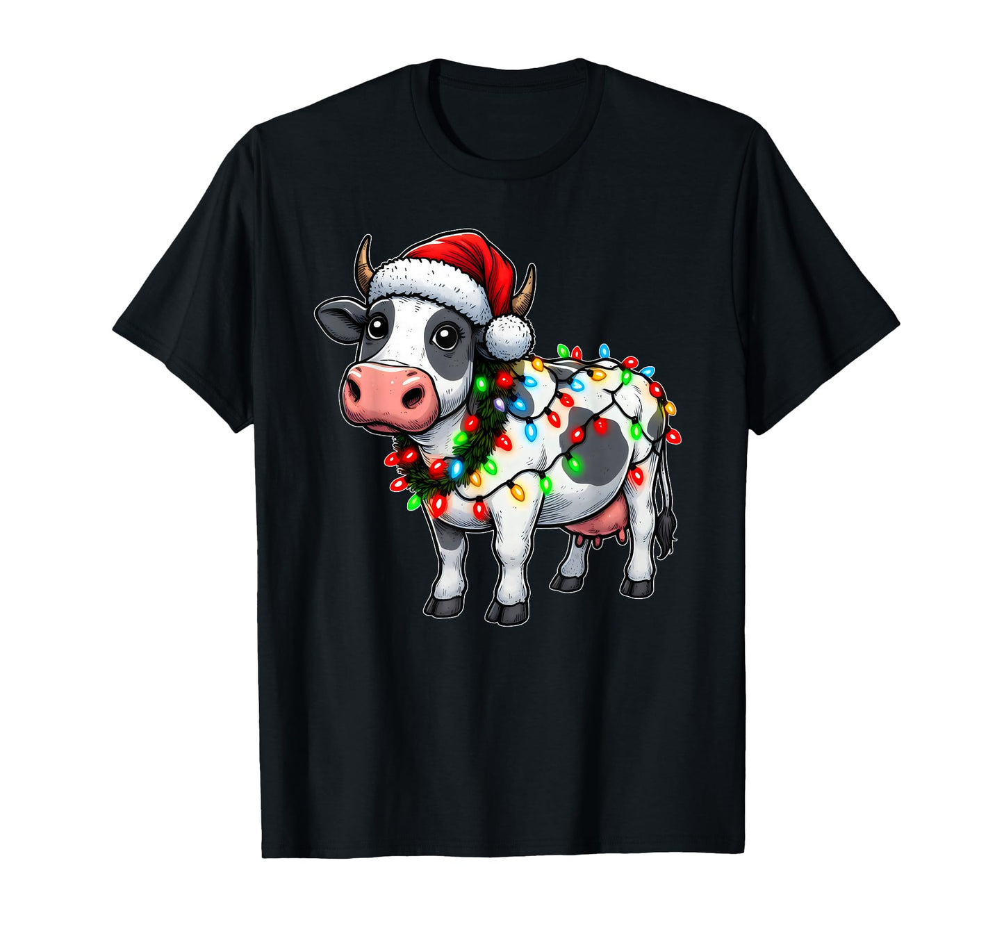 Merry Christmas Cow Santa Christmas Lights Cow Xmas Tree T-Shirt