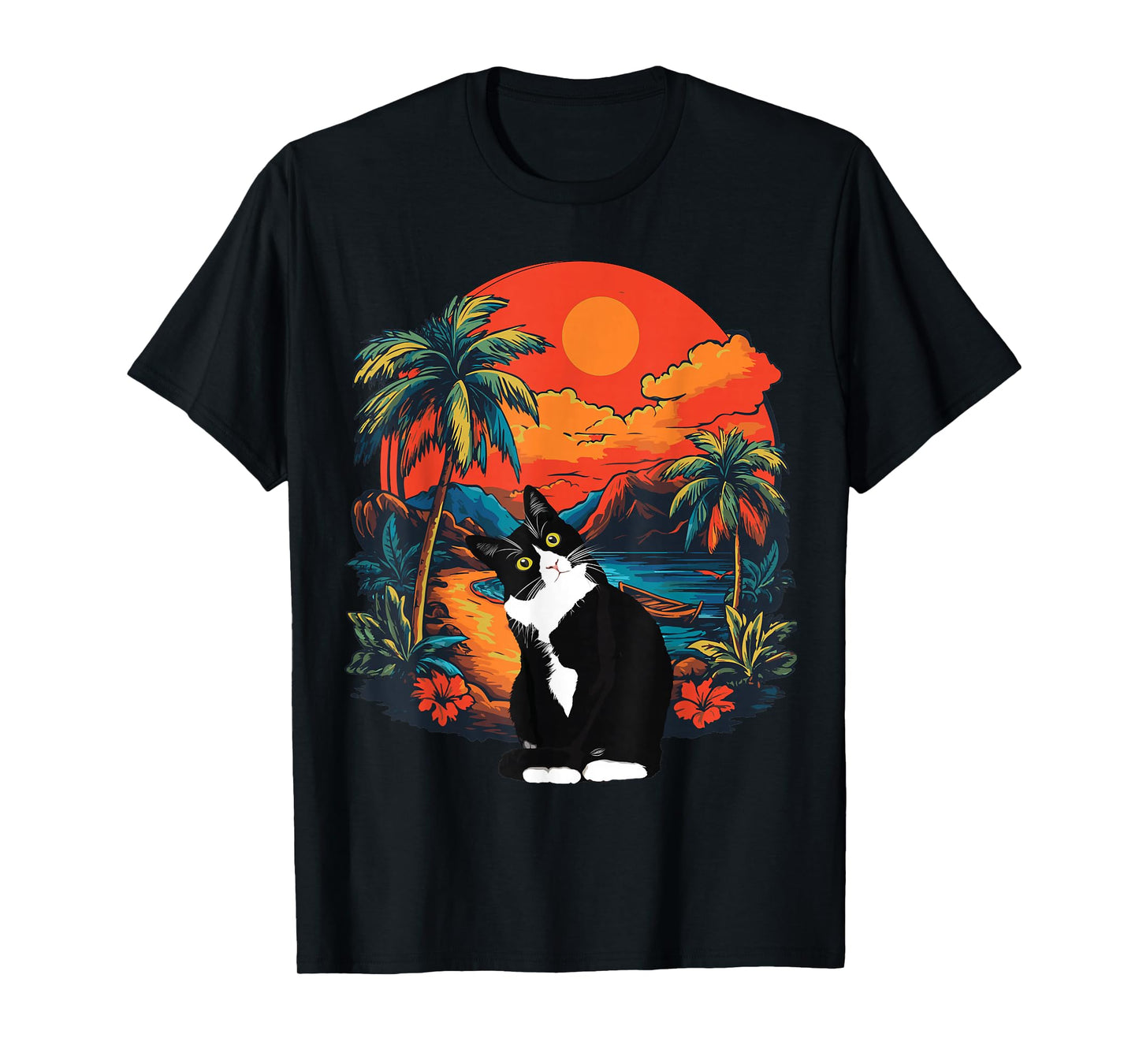 Hawaiian Tropical Tuxedo Cat Mom Dad Gift Animal Lovers T-Shirt