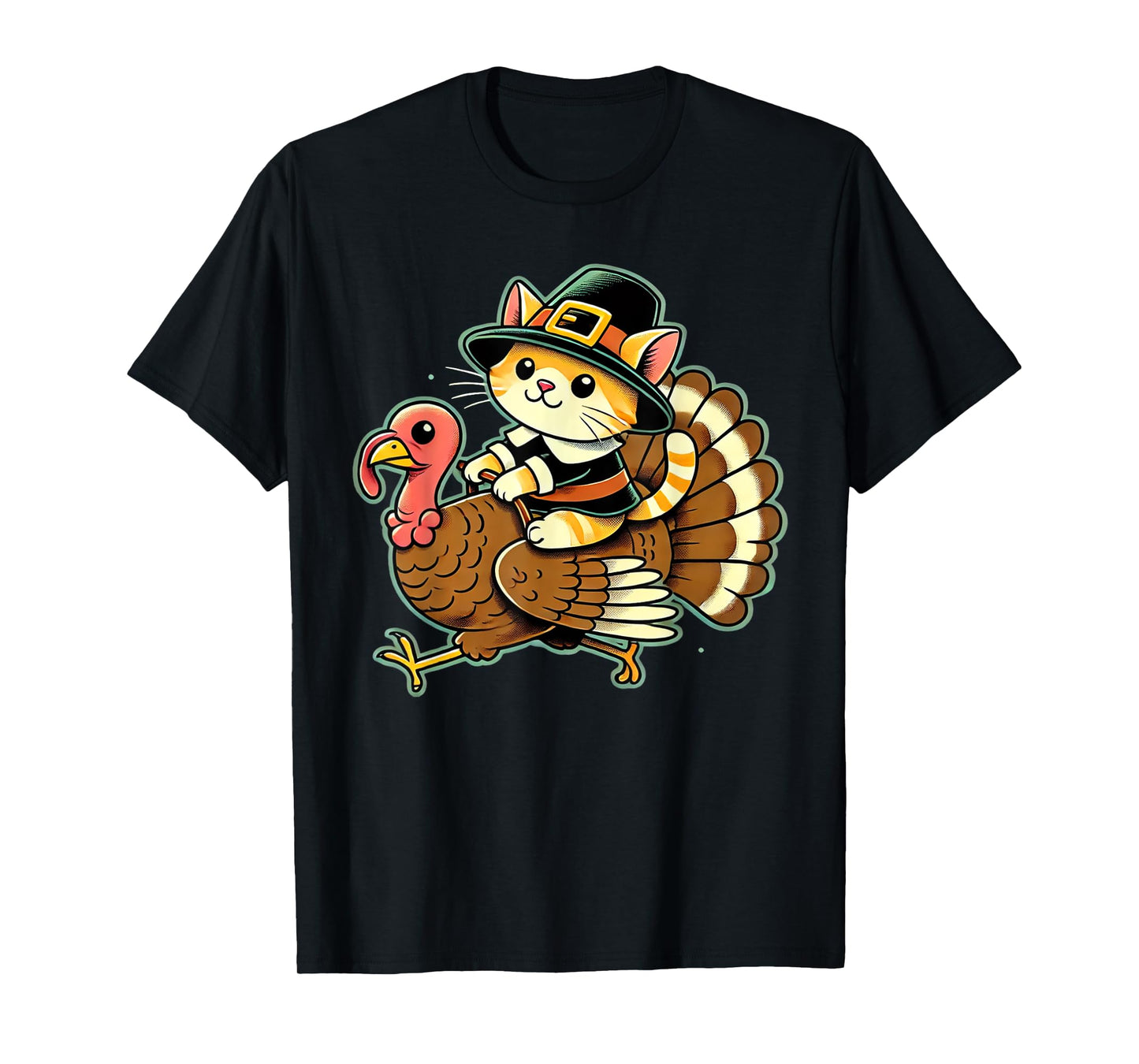 Cute Cat Pilgrim Costume And Turkey Funny Thanksgiving Retro T-Shirt for Men Women Girls Kids