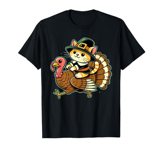 Cute Cat Pilgrim Costume And Turkey Funny Thanksgiving Retro T-Shirt for Men Women Girls Kids