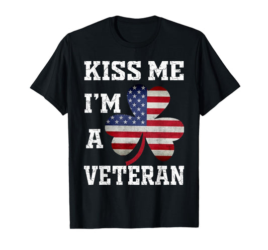 Kiss Me Is I'm A Veteran American Flag Shamrock Lucky T-Shirt for Women Men